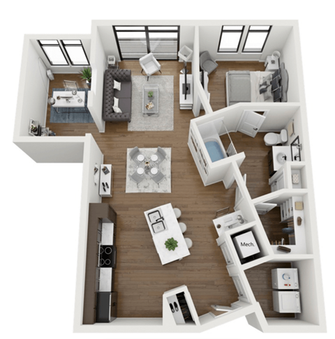 Floor plan for 1 bed, 1 bath, 1007 sqft